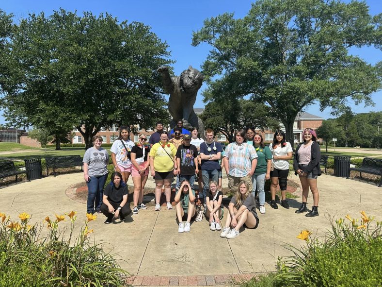 In this photo, SSC GEAR UP students pose for a group photo during their visit to Grambling State University in Grambling, Louisiana, during their 2023 summer trip.