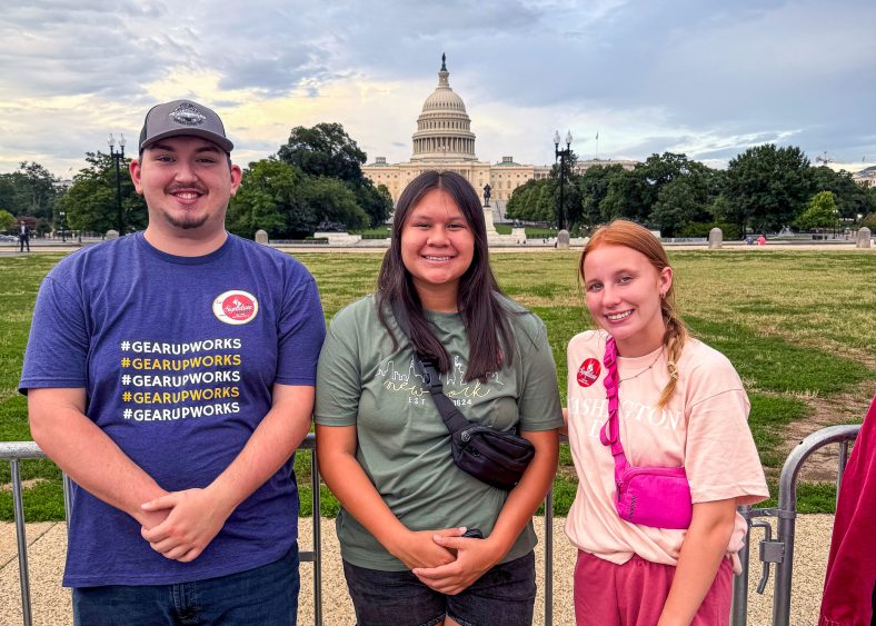 In this photo, Seminole State College GEAR UP students (pictured left to right) Korbyn Finch of Maud, Hailey Mack of Varnum and Raygan Lee of Wetumka pose for a photo after visiting the United State Capitol Building during their trip to Washington D.C. for the Youth Leadership Summit.