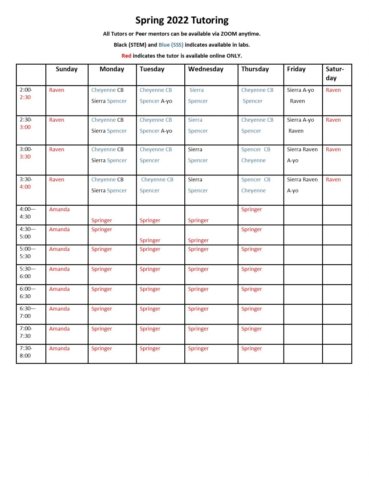 Tutor Schedule – SSC Student Support