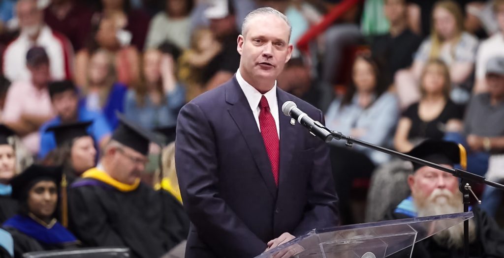 Pictured is Speaker of the Oklahoma House of Representatives Charles McCall as he delivers the keynote address during SSC’s commencement ceremony.