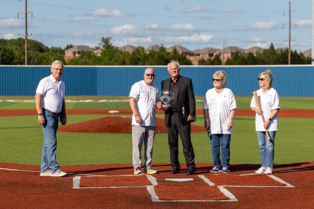 Pictured (left to right) are Sen. Jech, SSC Educational Foundation Chair Lance Wortham, Simmons, SSC President Lana Reynolds and SSC Board of Regents Chair Kim Hyden posing for a photo during the Lloyd Simmons Field dedication on May 3 at the Brian Crawford Memorial Sports Complex.