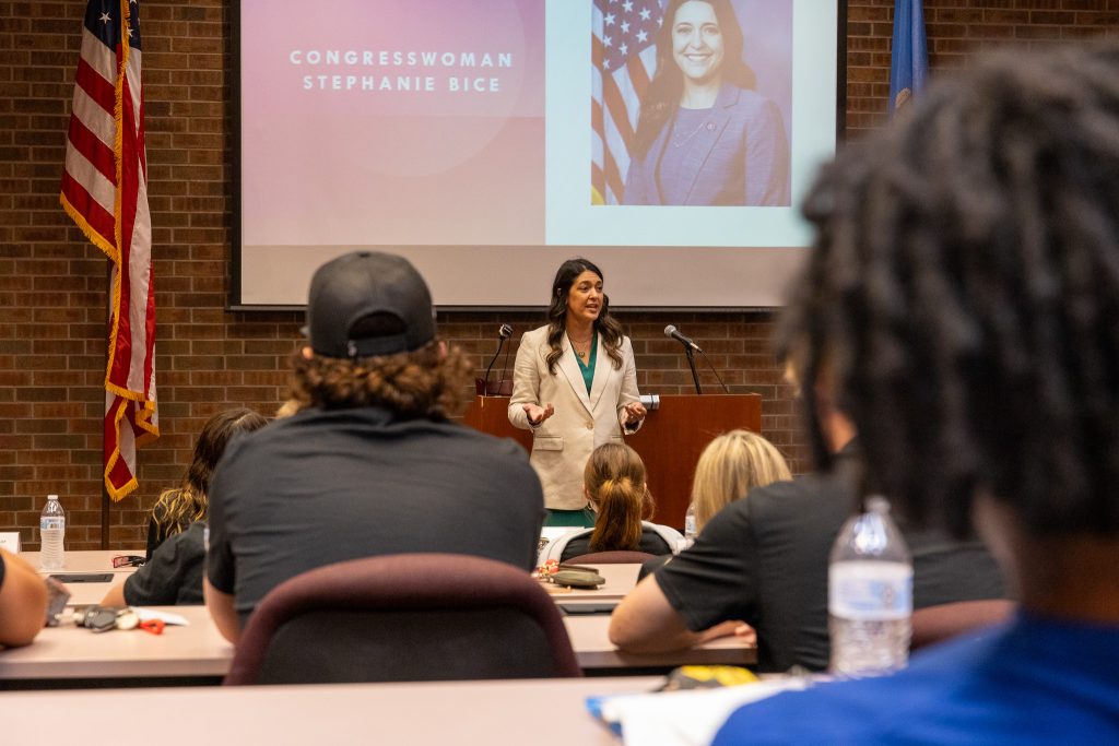 In this photo, U.S. Congresswoman Stephanie Bice speaks to Seminole State College President’s Leadership Class students about her political journey and her day-to-day responsibilities in Washington D.C.