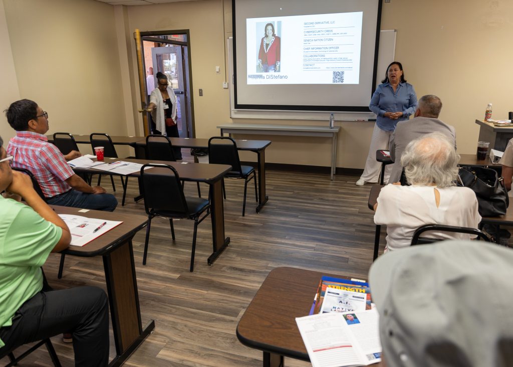 In this photo, Renita DiStefano, the founder and CEO of Second Derivative, speaks to attendees during a breakout session of “The Methods of AI in Preserving and Revitalizing Native American Languages” symposium on Sept. 26.