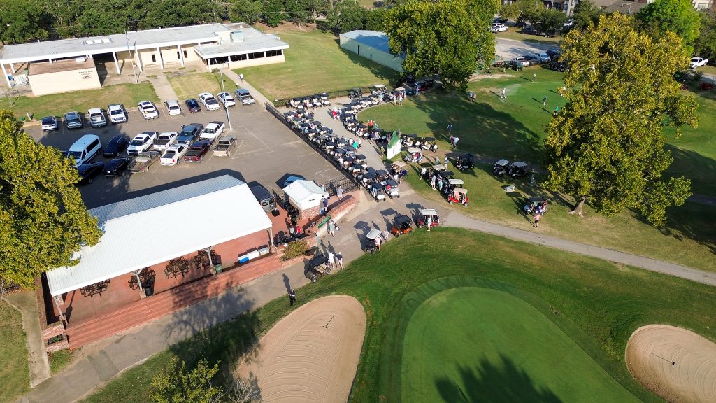 Pictured is an ariel view of golfers getting ready for the Seminole State College Educational Foundation's 28th Annual Golf Tournament at the Jimmie Austin Golf Course.