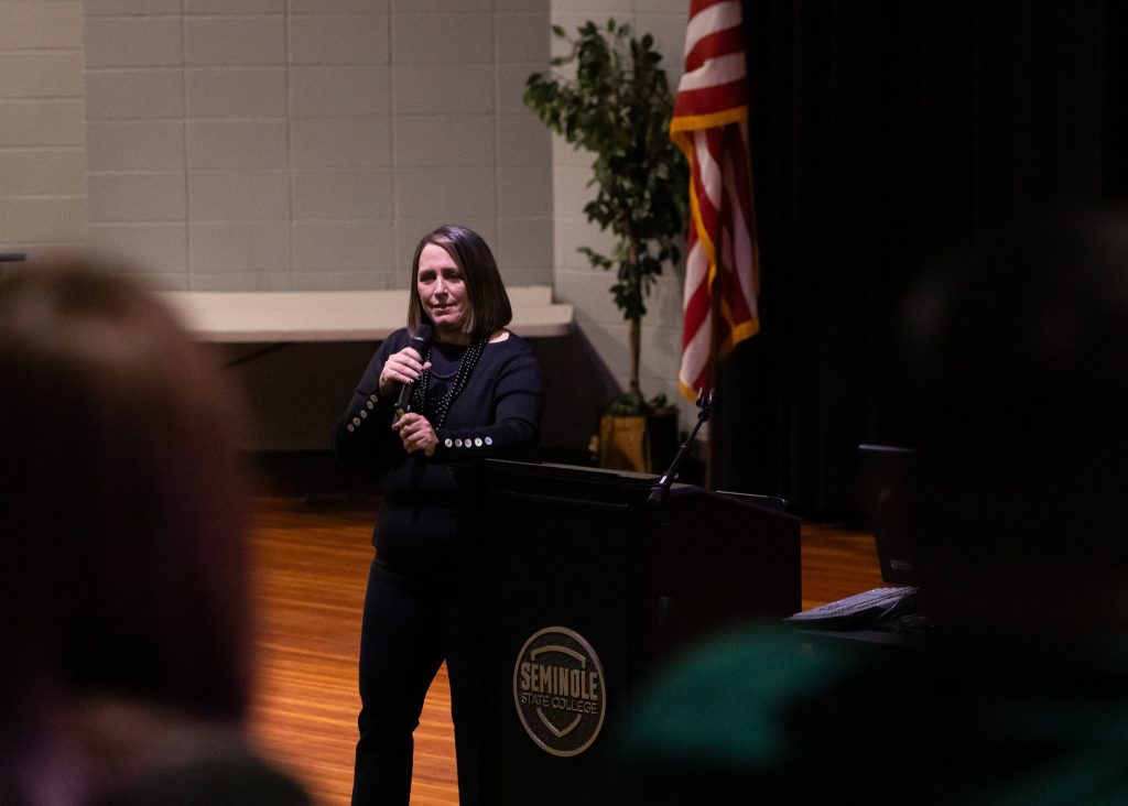 In this photo Deidre Holmberg speaks to attendees of the “The Methods of AI in Preserving and Revitalizing Native American Languages” symposium on Sept. 26.