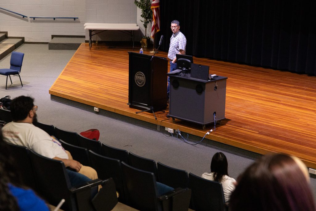 In this photo, Sean Muir, the founder and Executive Director of iStory, speaks to attendees during a breakout session of “The Methods of AI in Preserving and Revitalizing Native American Languages” symposium on Sept. 26.