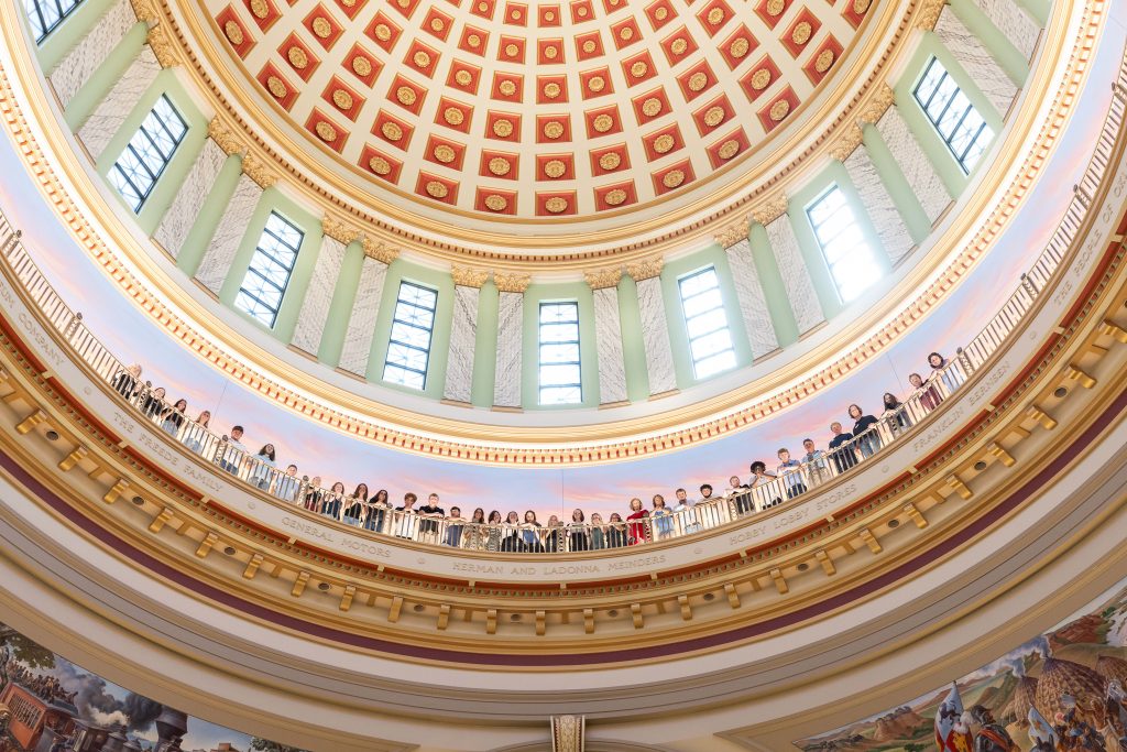 Members of the Seminole State College President’s Leadership Class pose for a photo below the inside of the dome at the Oklahoma State Capitol.