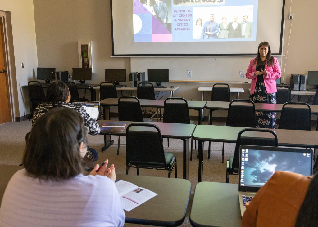 In this photo, Cherokee Nation Chief Information Officer Paula Starr speaks to attendees during a breakout session of “The Methods of AI in Preserving and Revitalizing Native American Languages” symposium on Sept. 26.