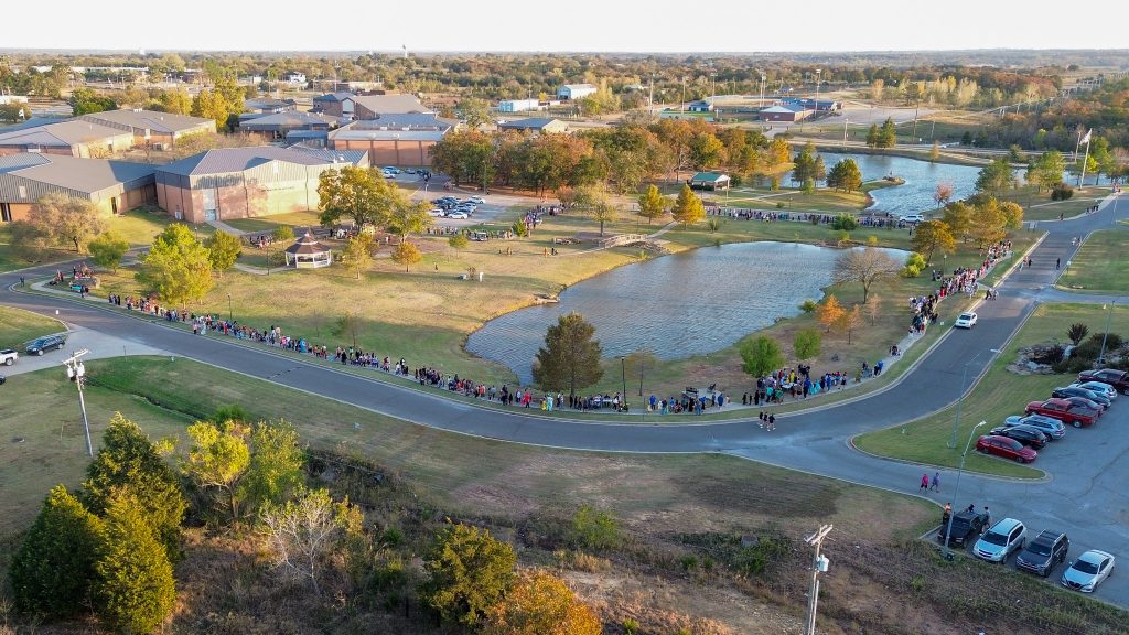 In this photo, an aerial view of the large crowd in attendance of the 2024 Trick or Treat Trail is shown.