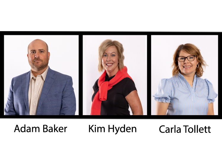 This is a graphic consisting of portraits of newly appointed trustees to the Seminole State College Educational Foundation Board of Trustees. Pictured left to right are, Adam Baker, Vice President of First United Bank of Seminole, Kim Hyden, President of Gary A. Crain, Inc. and Carla Tollett, Director of Communications and Member Engagement at Canadian Valley Electric Cooperative