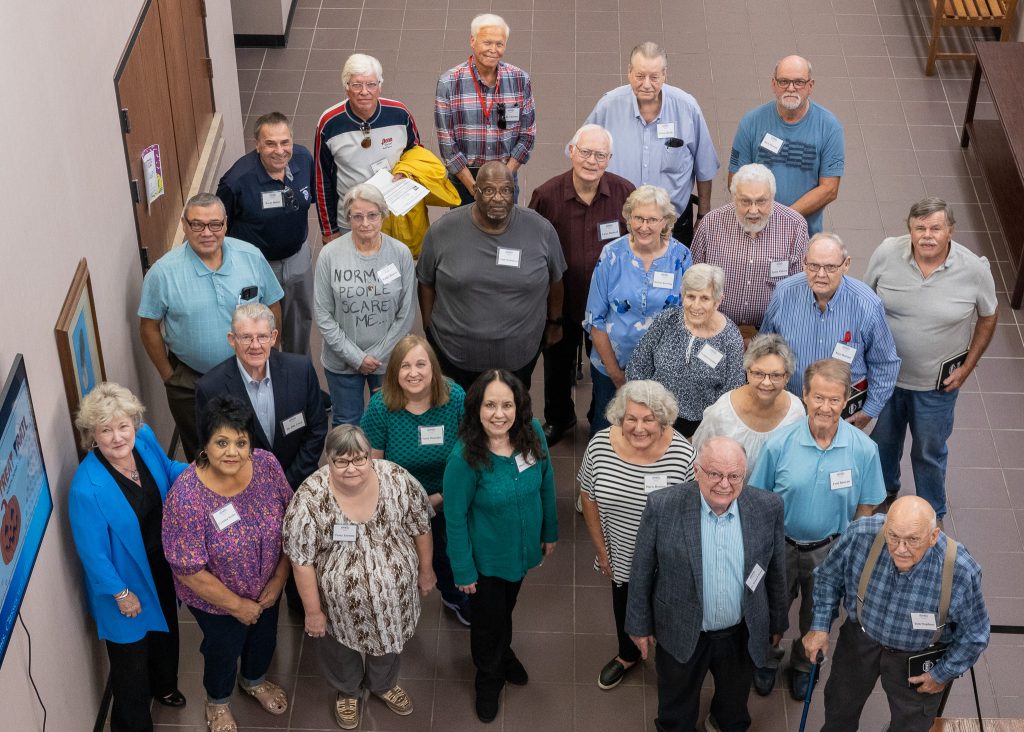 In this photo, the group of SSC retirees pose for a group photo. Pictured (left to right) front section: SSC President Lana Reynolds, Cynthia Yerby, Dr. Jim Cook, Tracy Jacomo, Susan Shumaker, Mary Ann Hill, Marie Dawson, Dr. Richard Wood, Jonna Bunyan, Fred Bunyan and Tom Stephens; middle section: Dan Factor, Kathy Hoover, Frank Washington, Larry Birdwell, Malinda Browning, Perthena Latchaw, Larry Vickers, Kay Dotson and Ted Hurt; back section: Rusty Bean, Kelly Kirk, Kelly Chastain, Travis Qualls and Rick Hanson.