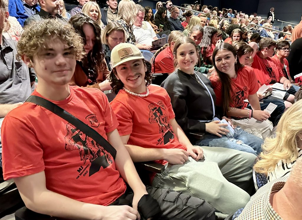 In this photo, Joey Wolfe of Seminole, Beck Branson of Bowlegs, Winterlynn Lamb of Sasakwa and Shalynn Lamb of Sasakwa eagerly await the start of the musical.