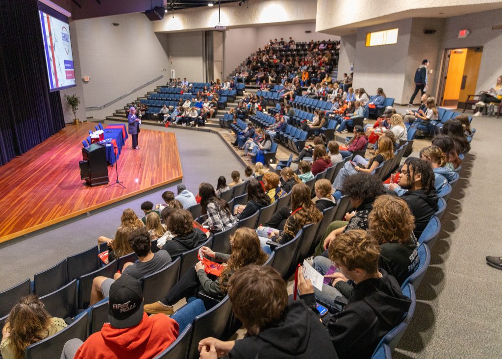 In this photo, a large group of local area high school students, seated in the Jeff Johnston Auditorium, are shown in attendance at the annual High School Visit Day on Nov. 12. 