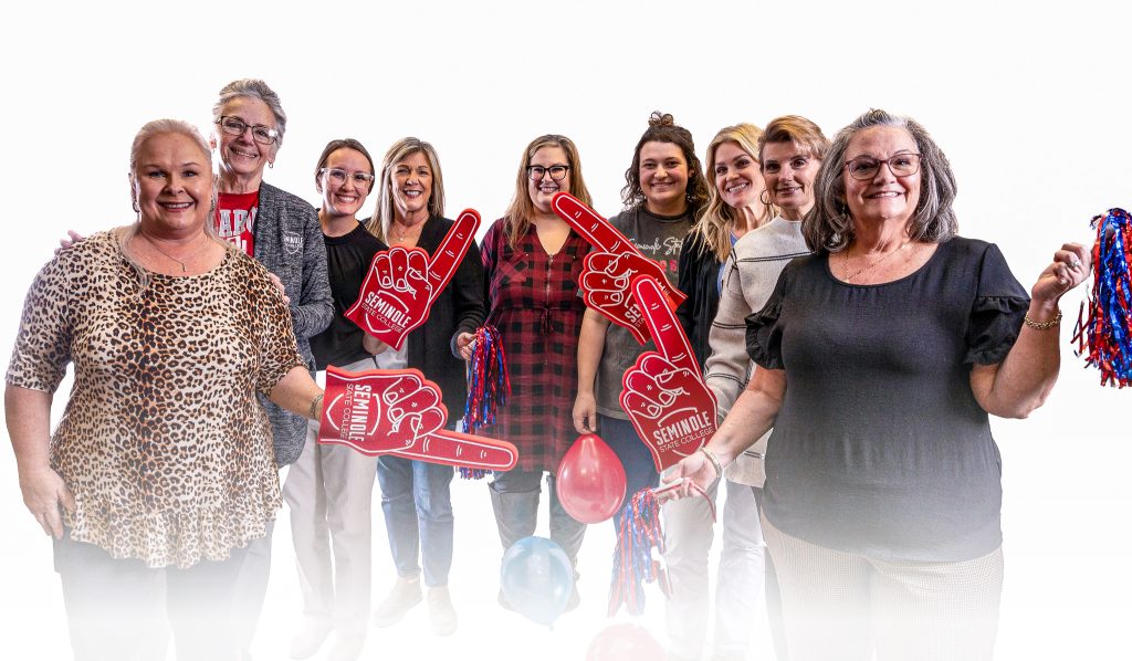 Seminole State College nursing faculty and staff pose for a celebratory photo after the Oklahoma Board of Nursing’s decision to allow the institution to admit new students. Pictured (left to right): Assistant Professor Ann Benson, Assistant Professor Brenda Hudson, Assistant Nursing Program Director Damaila Lester, Office Manager Julie Mathews, Health Sciences Division Chair Dr. Misty Gray, Assistant Professor Miranda Stewart, Assistant Professor Jessica Shelburne, Assistant Professor Christine Clay, Academic Advisor Carmen Hutchins.