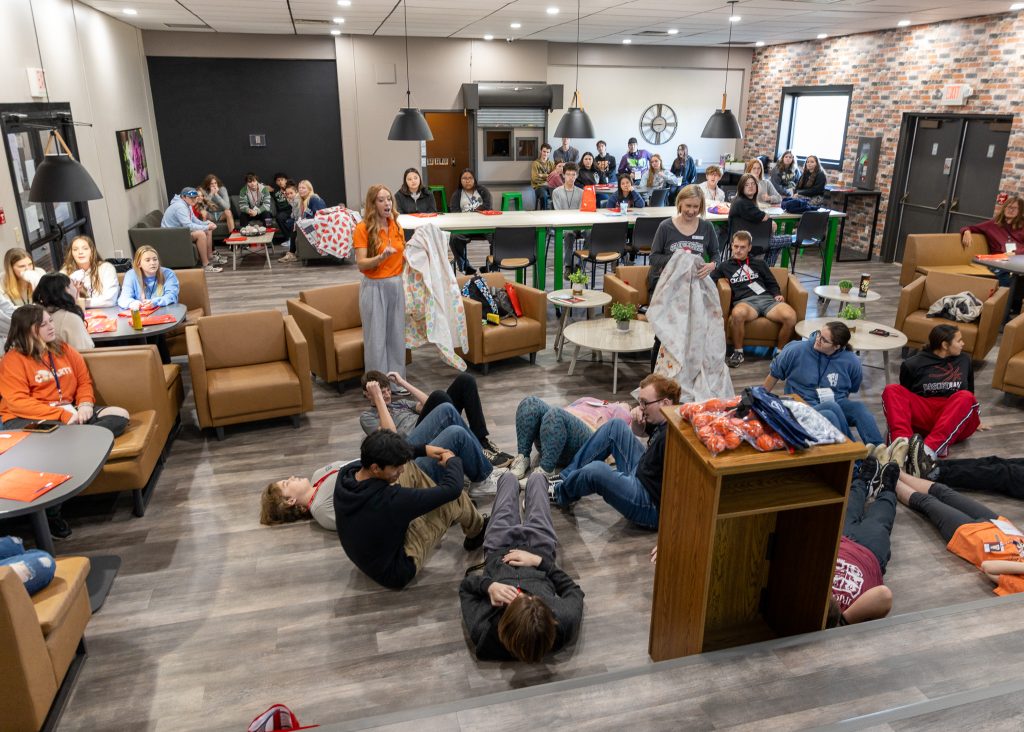 In this photo, SSC Assistant Professor of Agriculture Wendy Rich and Director of Community Relations Kim Pringle lead students in a game during one of the breakout sessions. 