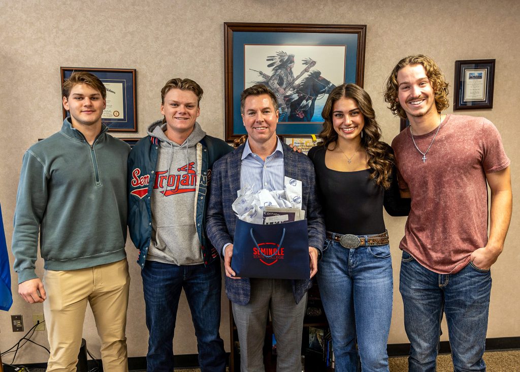 In this photo, Oklahoma State Senator and Chair of the Senate Education Committee Adam Pugh poses with members of the Seminole State College President’s Leadership Class. Pictured (left to right): Gavin Williams of Edmond, Logan Hill of Piedmont, Sen. Pugh, Adisen Williams of Mustang and Carter Sterling of Edmond.