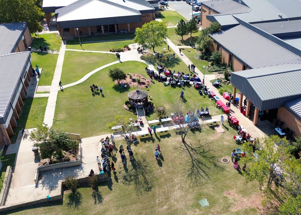 In this photo, an ariel view of the courtyard on SSC's campus is shown full of students.