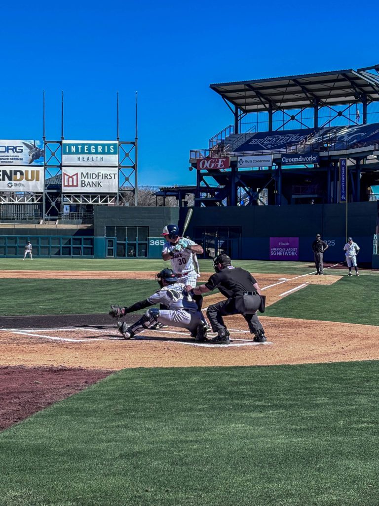 In this photo, Seminole State College infielder W.T. Jones steps up to the plate against Rose State during the inaugural Battle at Bricktown doubleheader at Chickasaw Bricktown Ballpark on March 1.