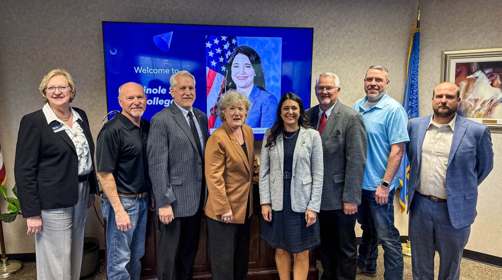 In this photo, U.S. Congresswoman Stephanie Bice poses fro a group photo with Seminole community leaders. Pictured (left to right) are: Debbie Kuykendall, President of BancFirst; Steve Saxon, Seminole City Manager; Mark Schell, President of Security State Bank and Seminole Public School Board; Lana Reynolds, President of Seminole State College; Danny Morgan, Director of SSC’s Rural Business Center; Cory Crabtree, Mayor-Elect; and Adam Baker, Vice President of First United Bank.