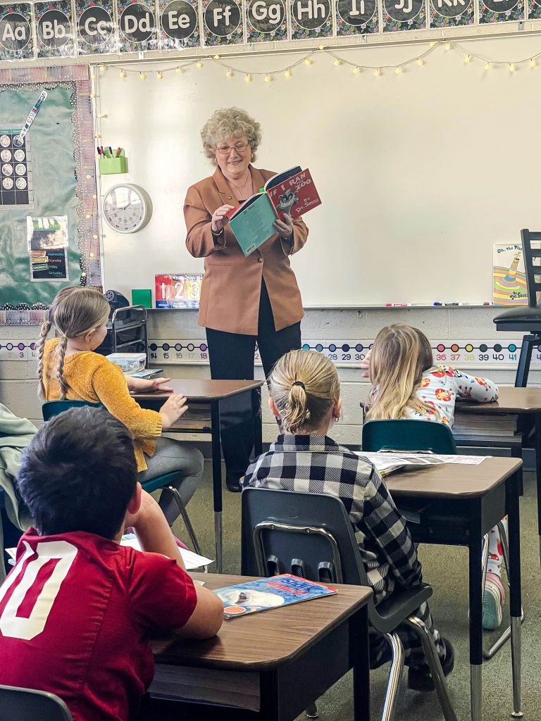 In this photo, SSC President Lana Reynolds reads “If I Ran a Zoo” by Dr. Seuss to Mrs. Marley’s second-grade class on March 7.