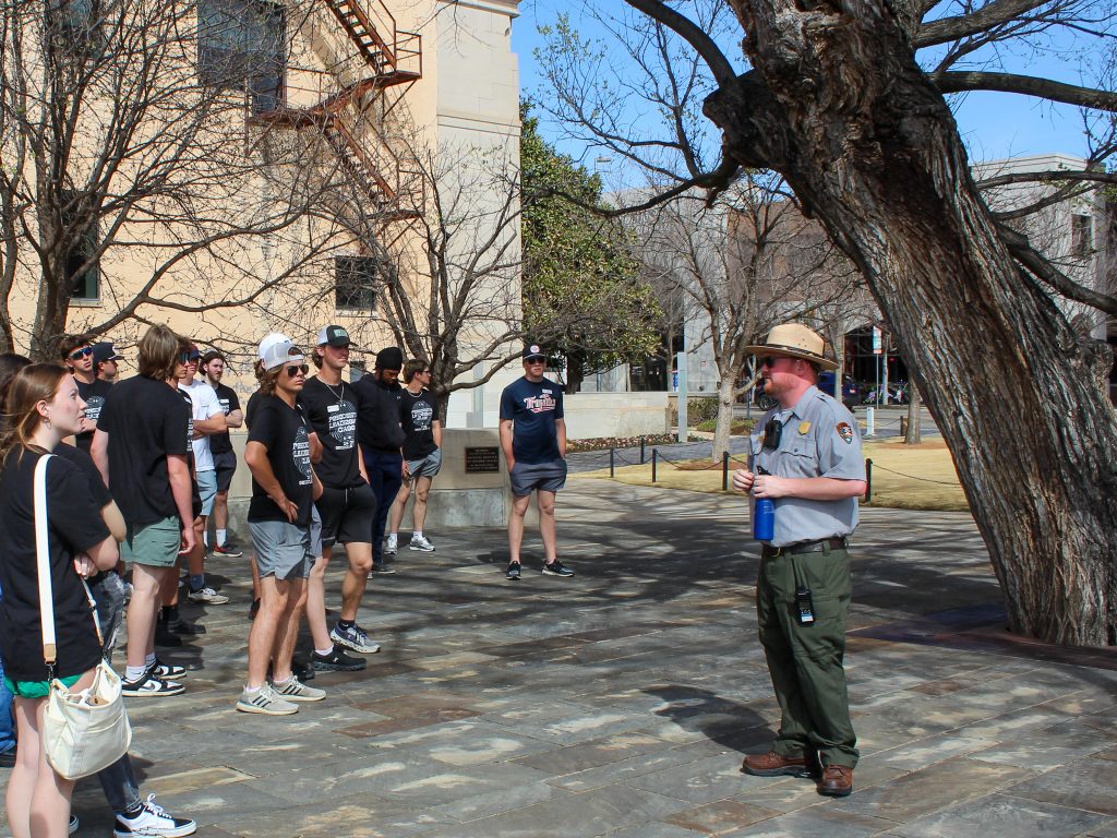 In this photo, members of the Seminole State College President’s Leadership Class are shown during a guided tour of the Oklahoma City National Memorial by a National Park Ranger, who explained the symbolic significance of the memorial and provided insight into the events of April 19.